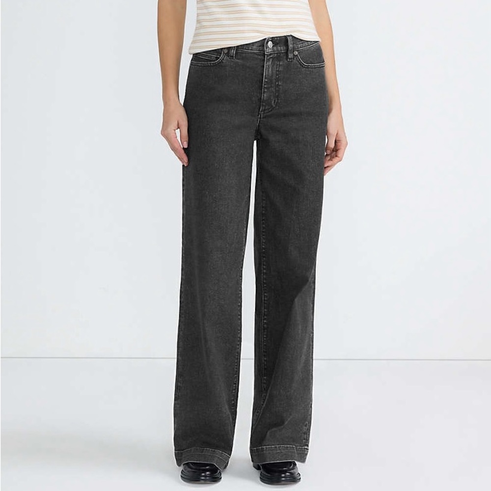 Lands’ End Black Stone Washed Recycled Denim High Rise Wide Leg Jeans Size 12